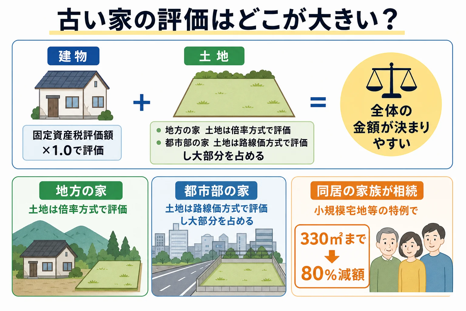地方の築古の家と都市部の築古の家で、建物と土地の評価額の内訳が変わる様子を示した財産の内訳バー