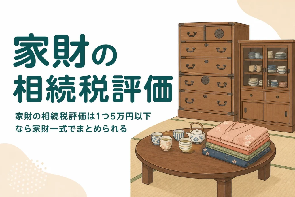 家具や家電など家財道具の相続税評価を、家財一式で済むケースと1点ずつ評価するケースに分けて解説する記事のアイキャッチ