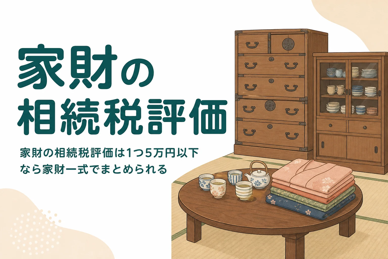 家具や家電など家財道具の相続税評価を、家財一式で済むケースと1点ずつ評価するケースに分けて解説する記事のアイキャッチ