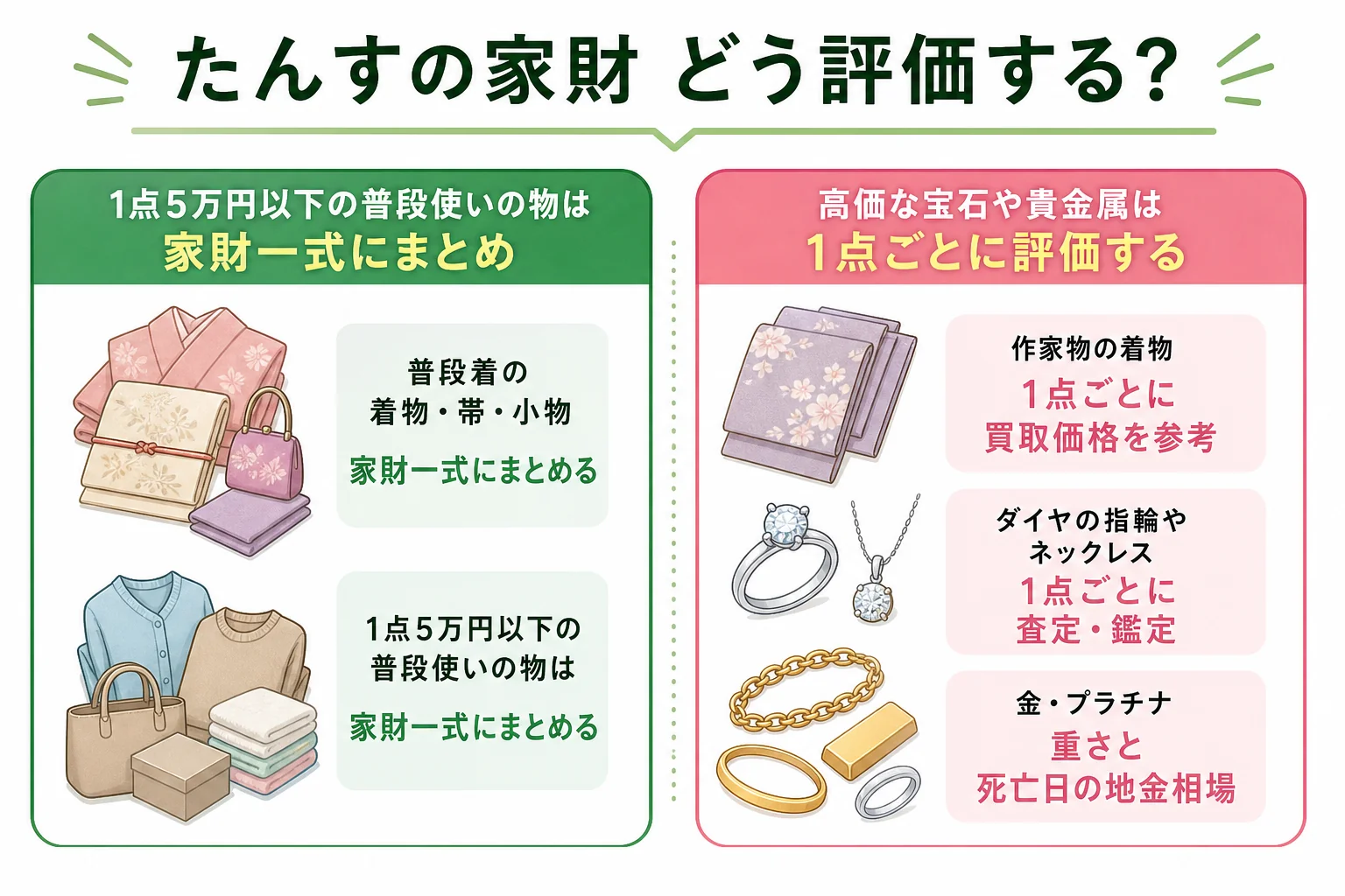 たんすの家財を、5万円以下は家財一式にまとめ、高価な宝石や貴金属は1点ごとに評価するケース別の分岐表