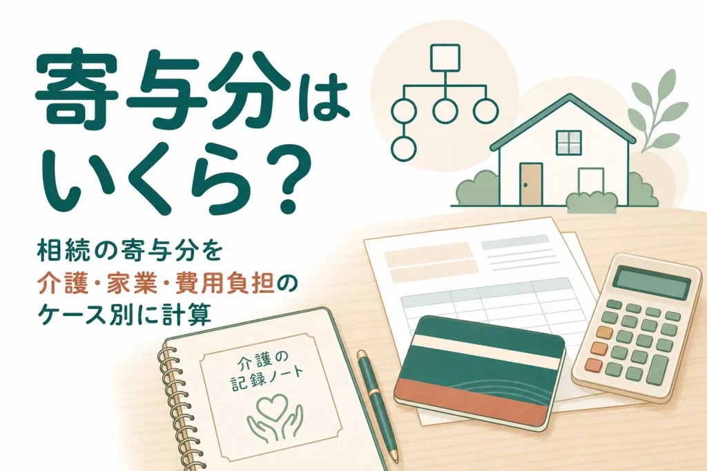 相続の寄与分を、親の介護・家業の手伝い・費用負担のケース別に計算する記事のアイキャッチ