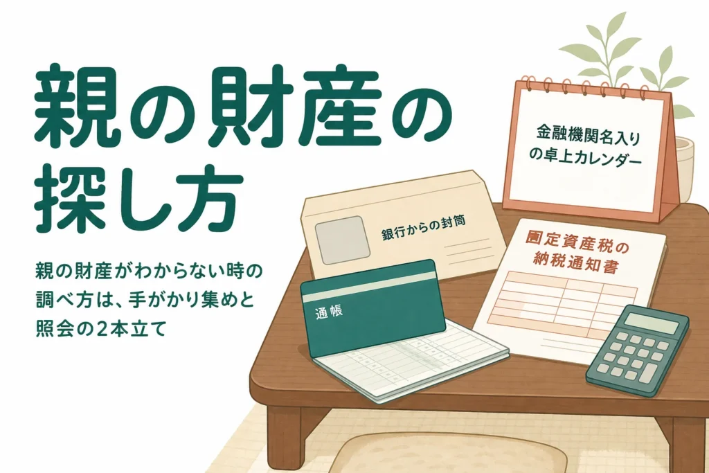 親の財産を子どもが把握していない時に預金や不動産を探す手順を解説する記事のアイキャッチ