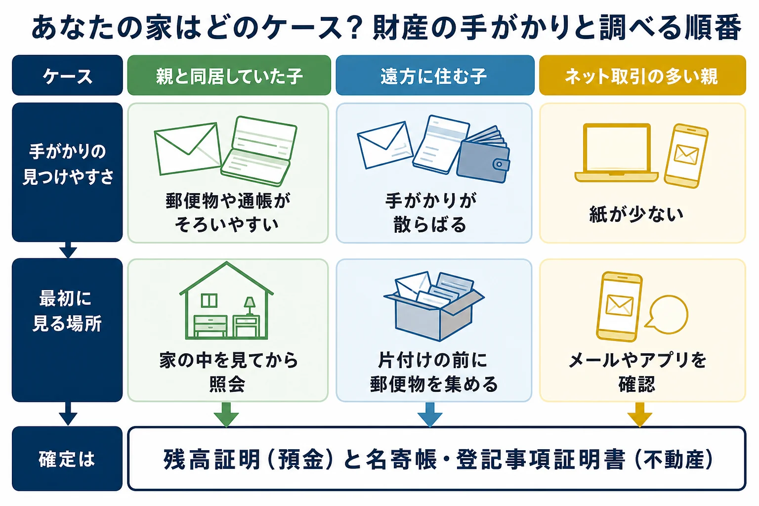 親と同居していた子、遠方に住む子、ネット取引の多い親のケースで、財産の手がかりの見つけやすさと調べる順番を比べた分岐表