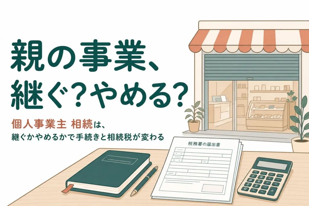 「個人事業主の親が亡くなったら？事業を継ぐ・やめる場合の手続き」を、ケースごとの違いで解説する記事のアイキャッチ