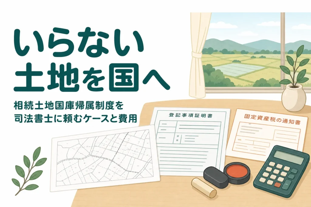 相続した土地を国に引き取ってもらう手続きを司法書士に頼むケースと費用を解説する記事のアイキャッチ