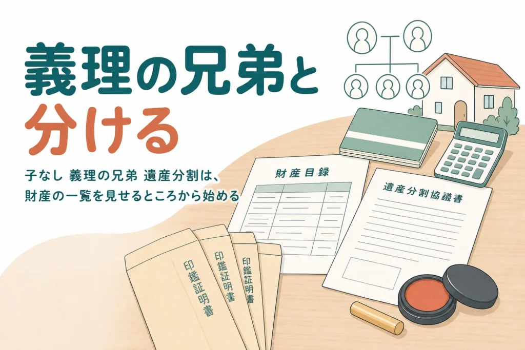 子なし夫婦の夫が亡くなり、妻が義理の兄弟と遺産を分ける時の進め方を解説する記事のアイキャッチ