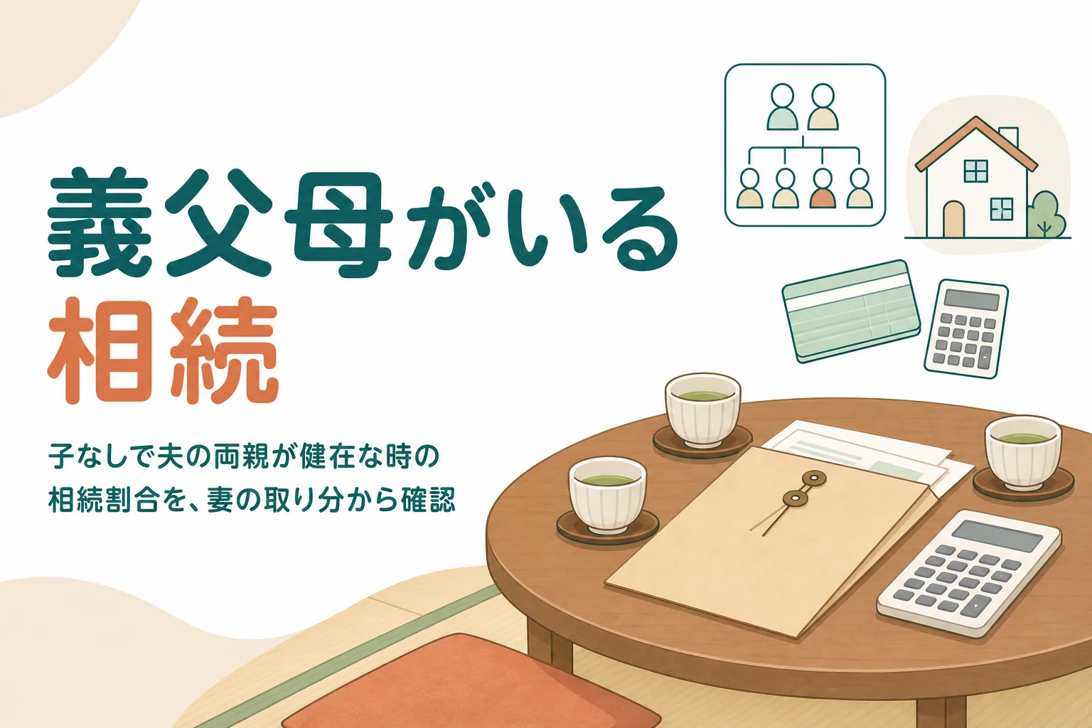 子なし夫婦で夫の両親が健在な時の妻の相続割合と相続税を確認する記事のアイキャッチ