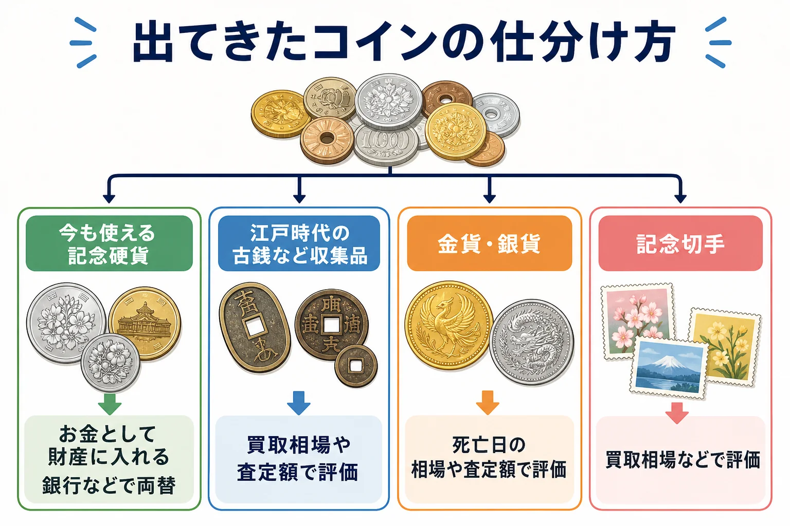 出てきたコインを、使える記念硬貨・収集品の古銭・貴金属のコイン・記念切手の4つに仕分けて評価のしかたを示した分岐表