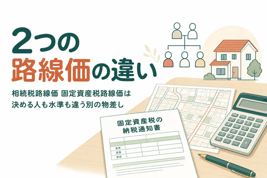 相続税路線価と固定資産税路線価の違いと、通知書から相続税評価額を出す計算を解説する記事のアイキャッチ