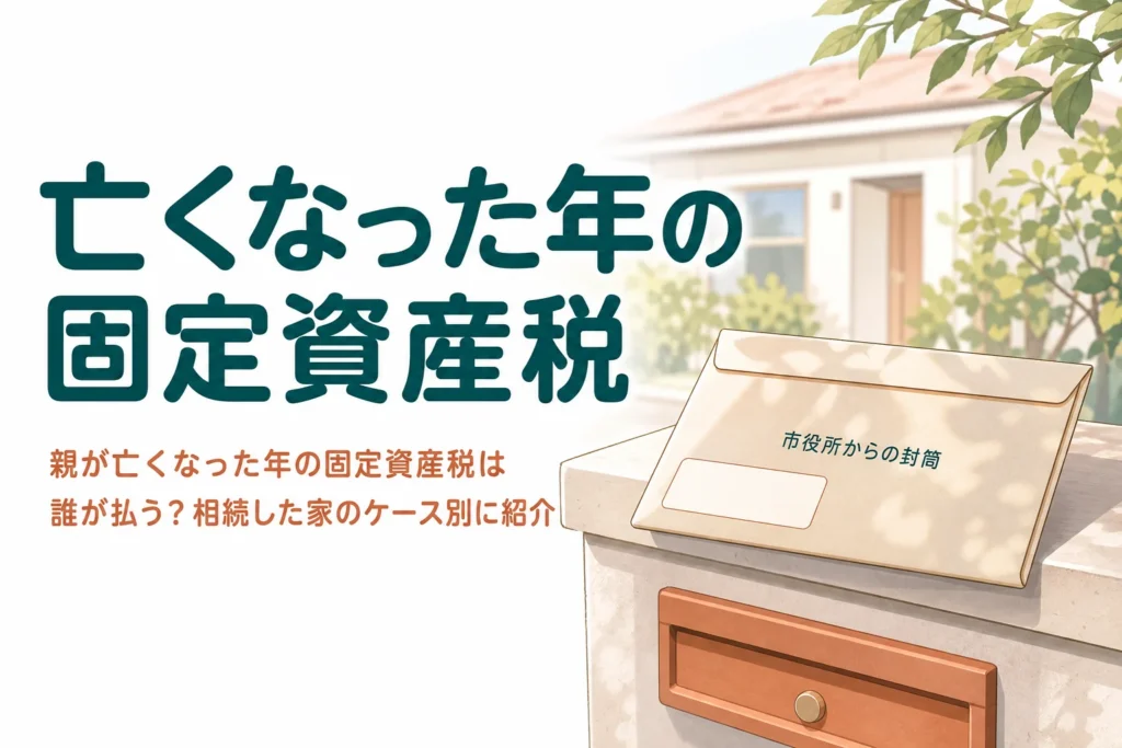 親が亡くなった年の固定資産税を誰が払うかを、亡くなった時期と名義変更の状況別に解説する記事のアイキャッチ