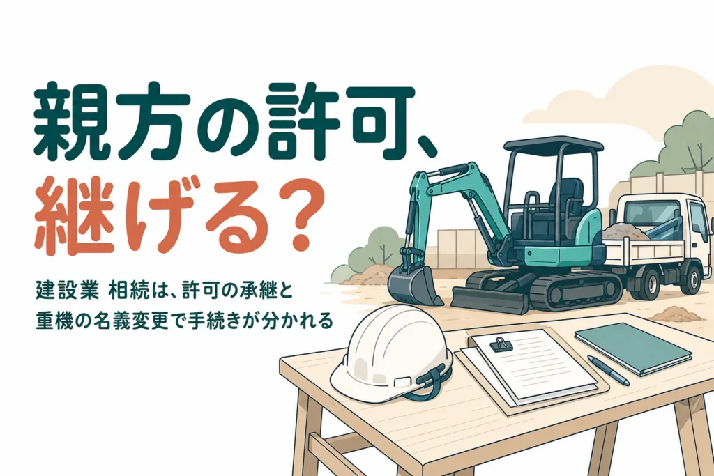 「建設業の親方が亡くなった時、許可や重機はどう引き継ぐ？」を、許可のある親方と一人親方のケースの違いで解説する記事のアイキャッチ