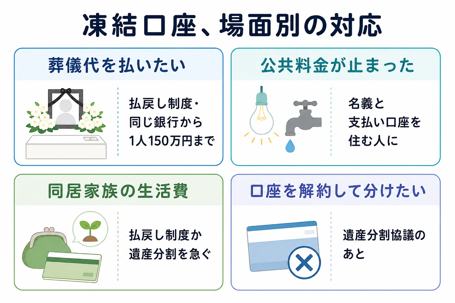 お金が要る場面ごとに、凍結口座から払戻し制度で引き出すか、支払い方法を変えるかが分かれる分岐表の図