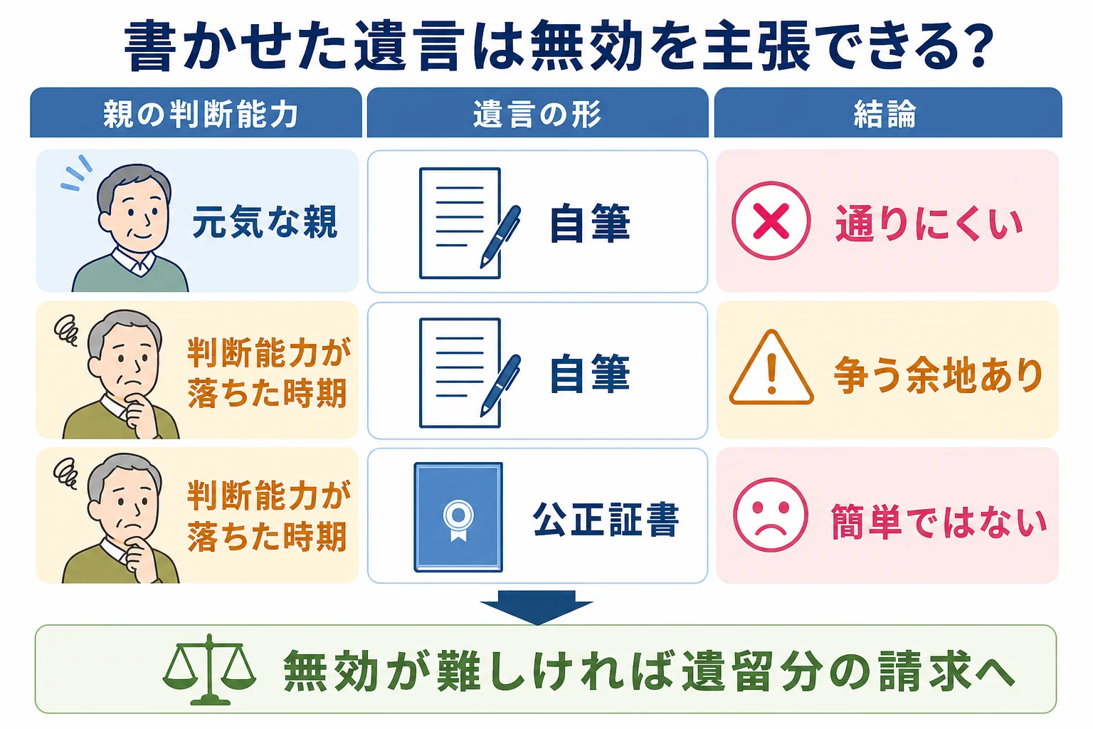 遺言の形と書いた時の判断能力の組み合わせで、無効を主張できるかが分かれるケース別の分岐表