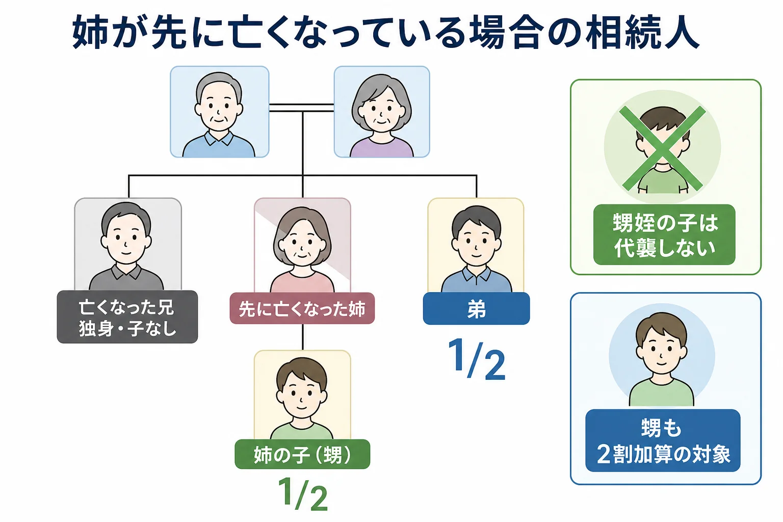 兄弟の一人が先に亡くなり、甥が代わりに相続人になる家系図