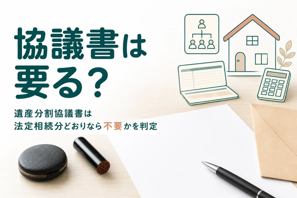 遺産分割協議書が法定相続分どおりなら不要かを、ケース別に判定する記事のアイキャッチ
