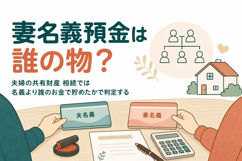 夫婦の共有財産と妻名義預金が相続財産に入るかをケース別に判定する記事のアイキャッチ