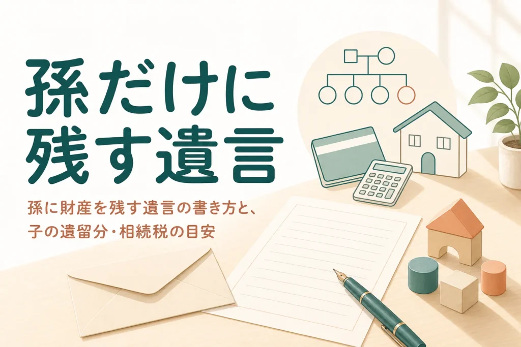 孫だけに財産を残す遺言の書き方と相続税の目安を解説する記事のアイキャッチ