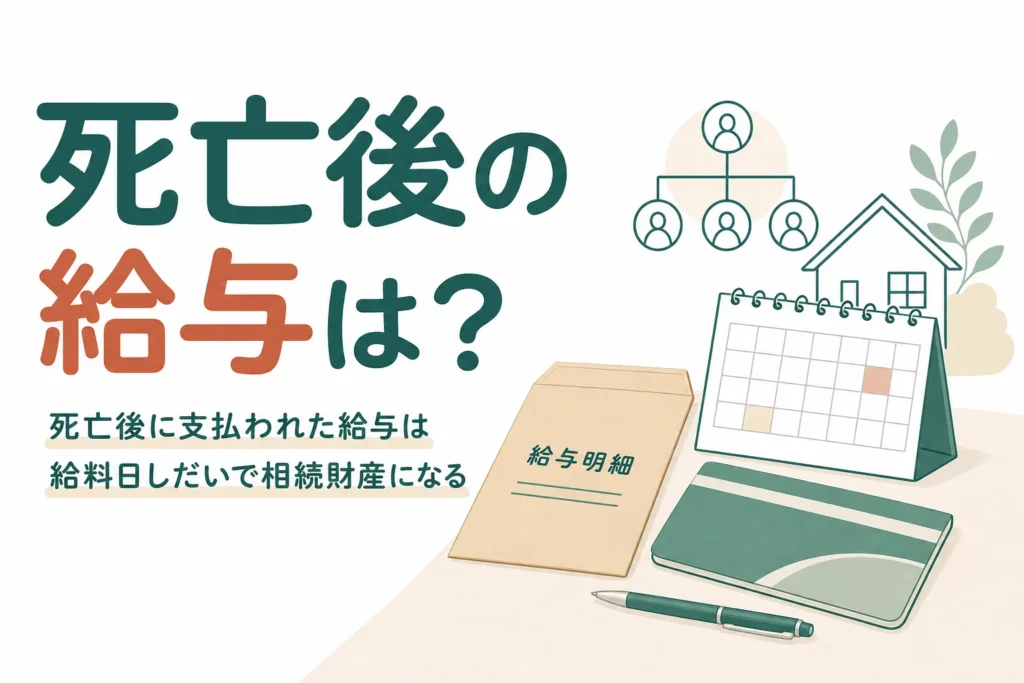 亡くなった後に支払われた給与が相続財産になるかを、給料日が死亡の前か後かのケース別に解説する記事のアイキャッチ