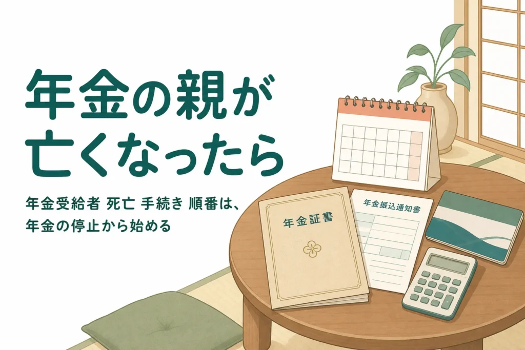 年金をもらっていた親が亡くなった時の年金停止と相続の手順を解説する記事のアイキャッチ