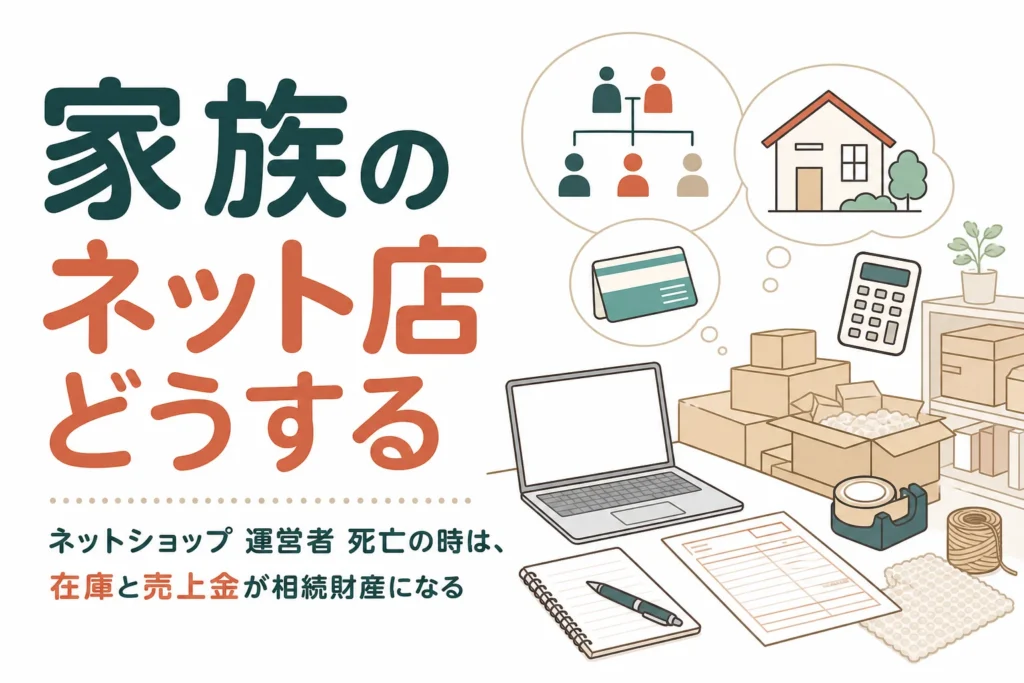 「ネットショップを運営していた家族が亡くなった時の引き継ぎ方」を、店を続けるケースと閉じるケースの違いで解説する記事のアイキャッチ