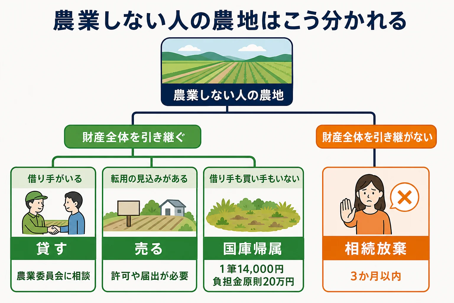 農地を相続したケースで貸す・売る・国に引き取ってもらう・相続放棄に分かれる判断を示した分岐表の図