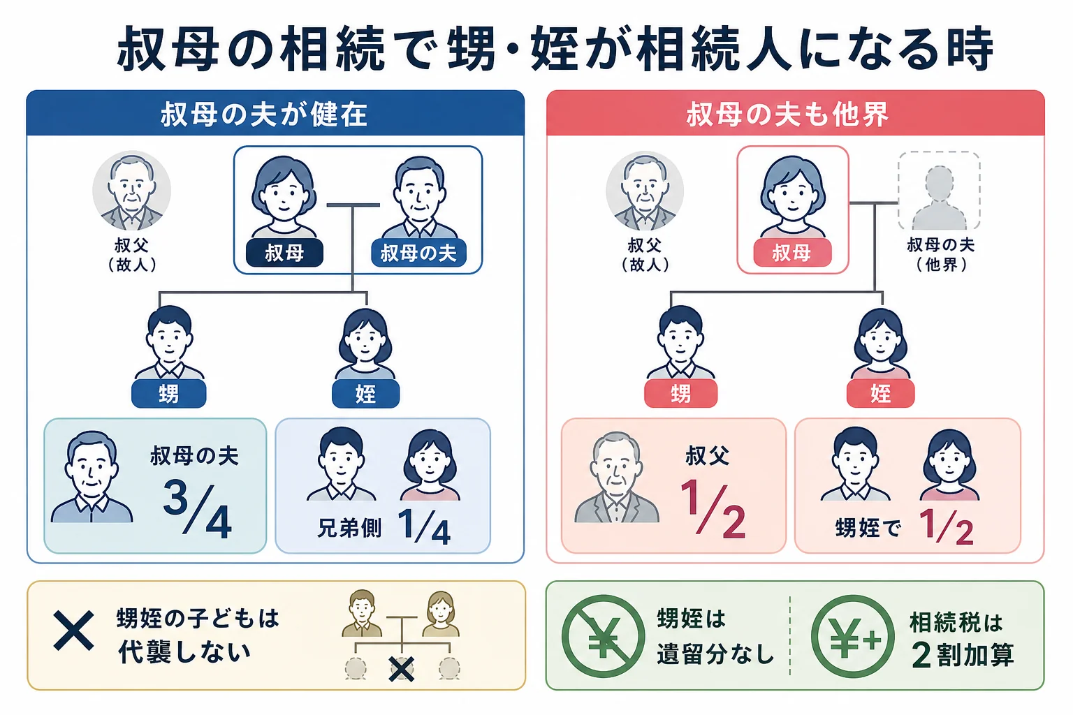 子どものいない叔母の相続で、甥姪がいつ相続人になるかを示した家系図