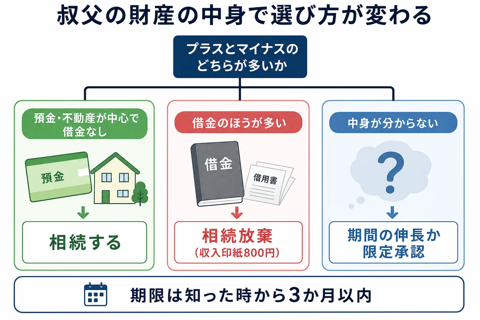 叔父の財産の内訳で、プラスとマイナスのどちらが多いかによって相続・放棄・限定承認に分かれることを示したケース別の分岐表