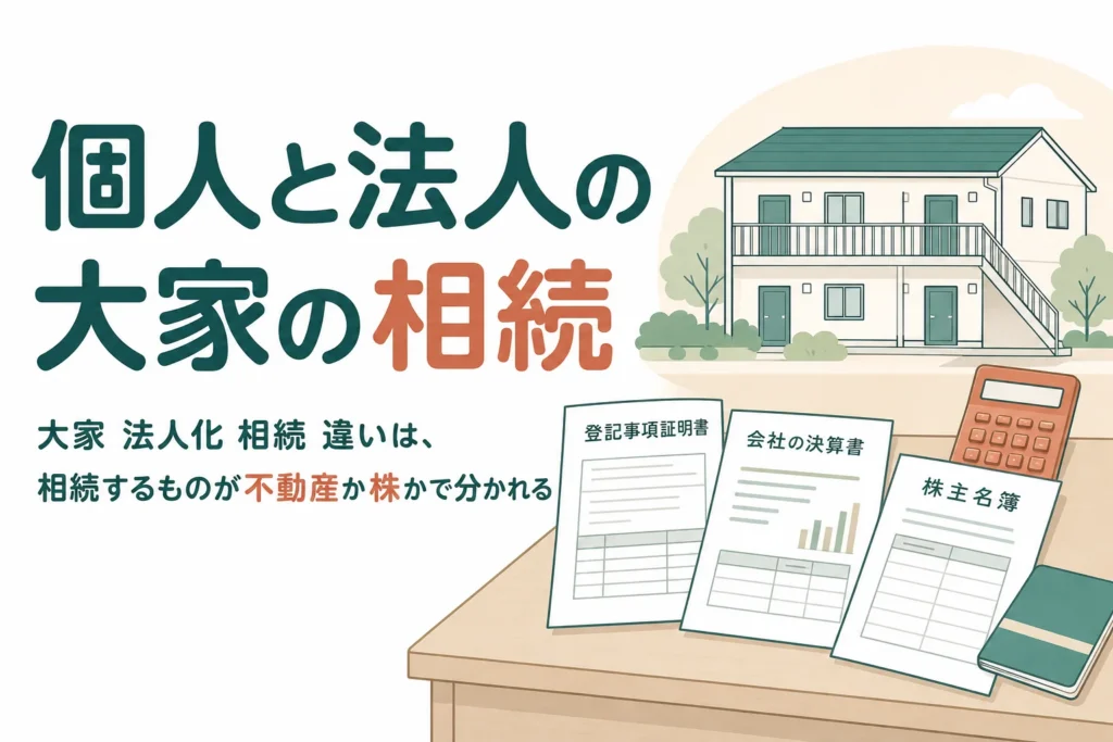 個人の大家と法人化した大家で相続の手続きと税金がどう違うかを解説する記事のアイキャッチ