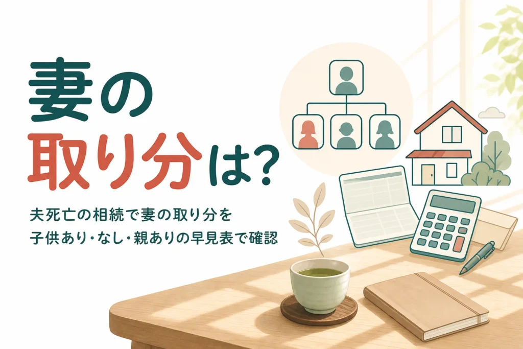 夫死亡の相続で妻の取り分を子供あり・なし・親ありの早見表で確認する記事のアイキャッチ