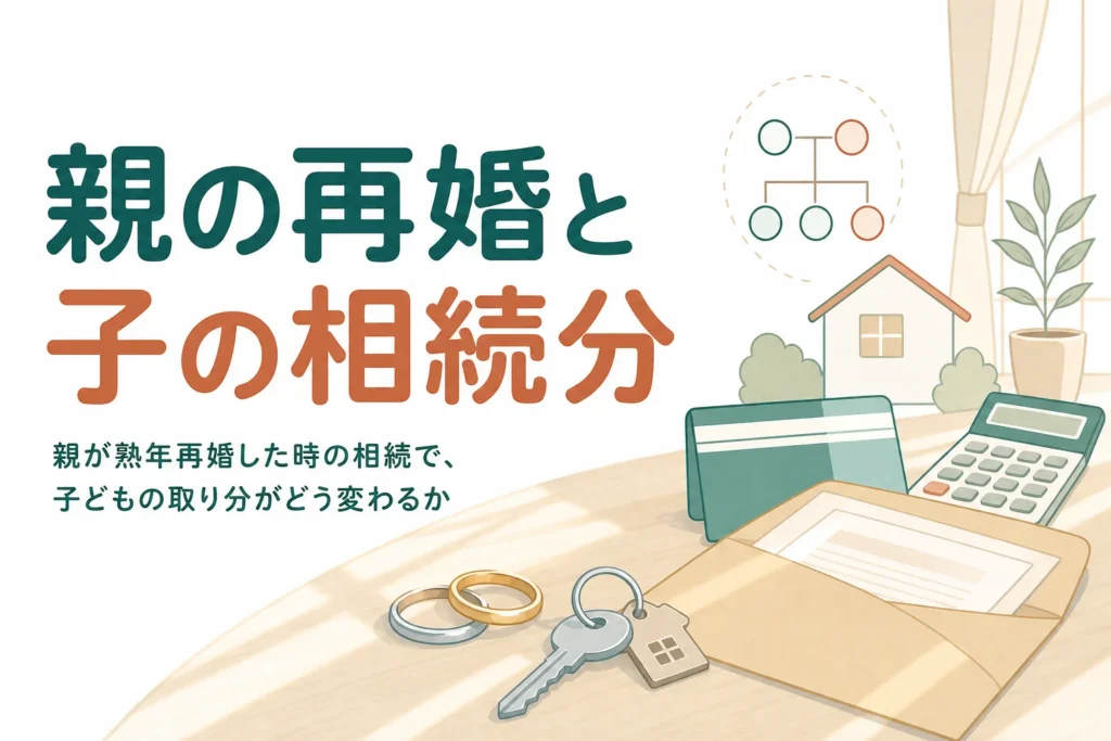 親が熟年再婚した時に子どもの相続分がどう変わるかを、法律婚・事実婚・養子縁組のケース別に紹介する記事のアイキャッチ