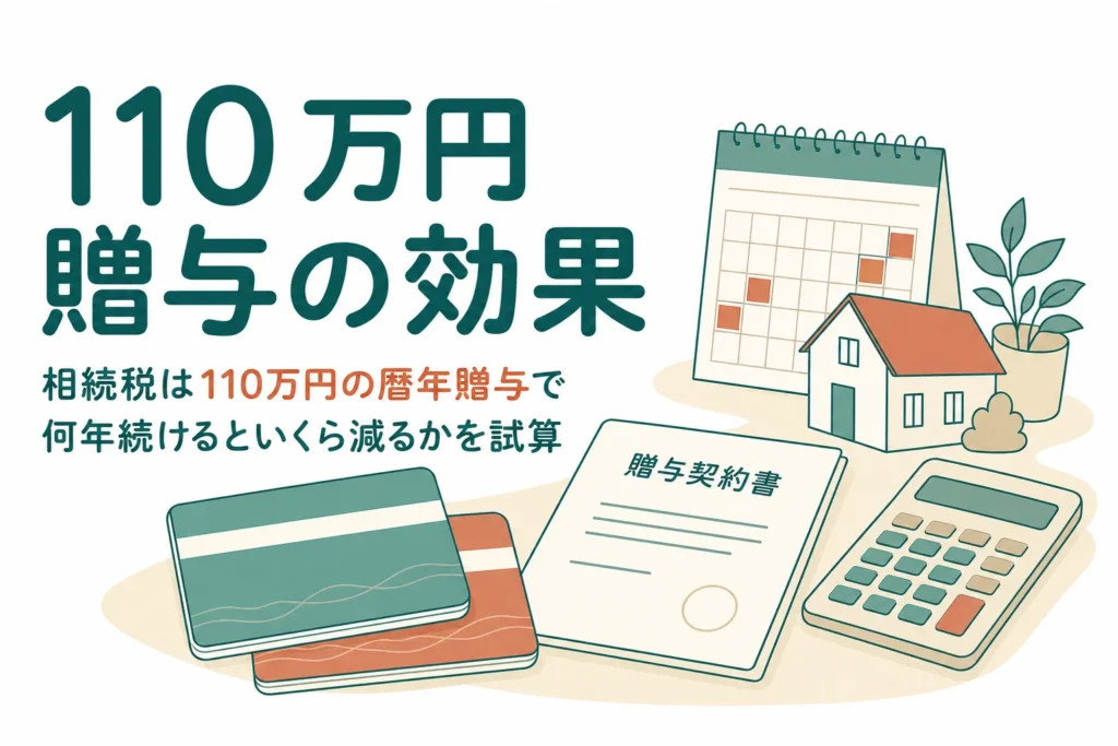 毎年110万円の暦年贈与で相続税がいくら減るかを10年と20年のケースで試算する記事のアイキャッチ