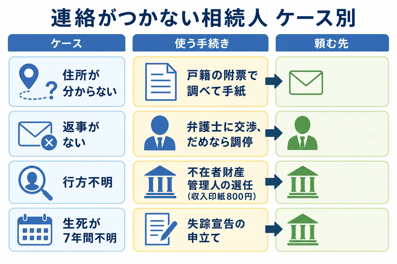 連絡が取れない相続人がいる時に、住所不明・返事なし・行方不明・生死不明の4つのケースで進め方と頼む先が分かれる分岐表