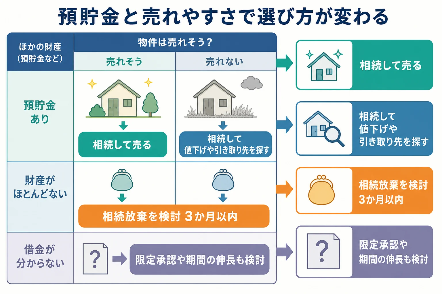 預貯金の多さと物件の売れやすさで、売る・持つ・相続放棄のどれが合うかが変わることを示したケース別の分岐表