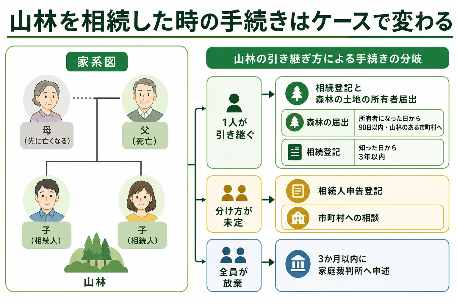 子2人が相続するケースで、山林を誰が引き継ぐか決まった場合・未定の場合・全員が放棄した場合に必要な手続きを分けた分岐表