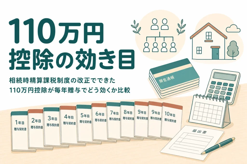 相続時精算課税制度の改正でできた110万円控除が毎年贈与でどう効くかを比べる記事のアイキャッチ