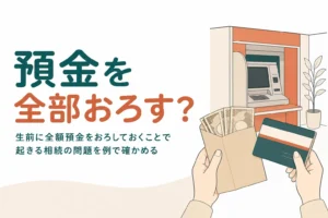 生前に全額預金をおろしておくことで起きる相続の問題を例で確かめる記事のアイキャッチ