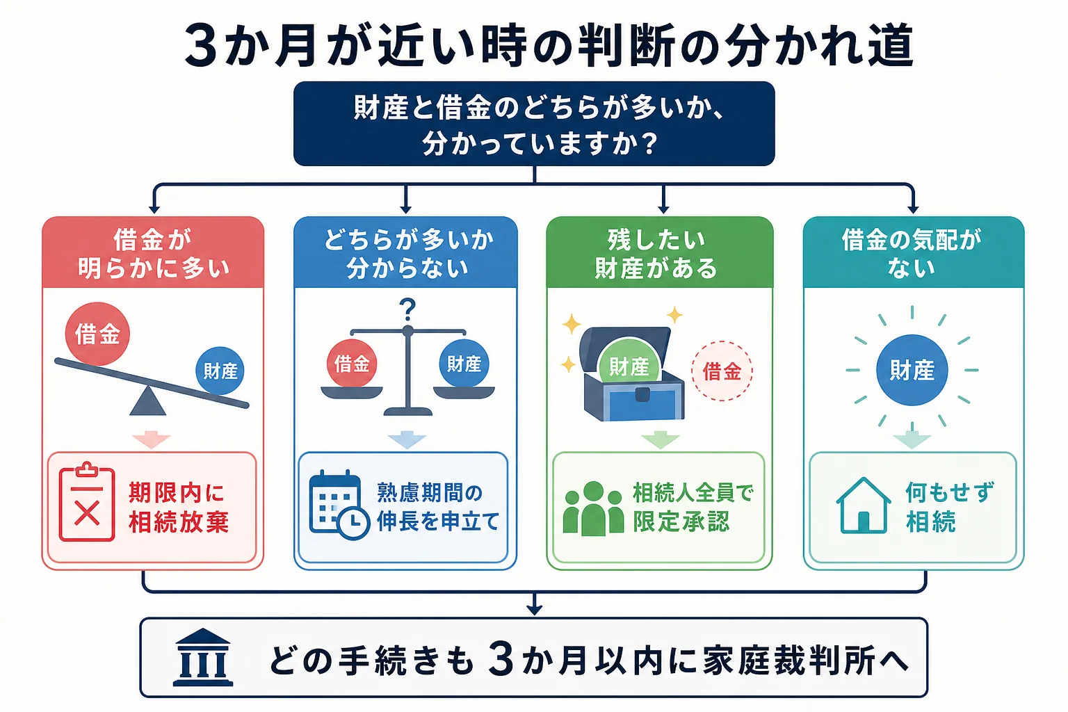 亡くなった人の財産と借金の状況ごとに、相続放棄・熟慮期間の伸長・限定承認・単純承認のどれを選ぶかを分けたケース別の分岐表