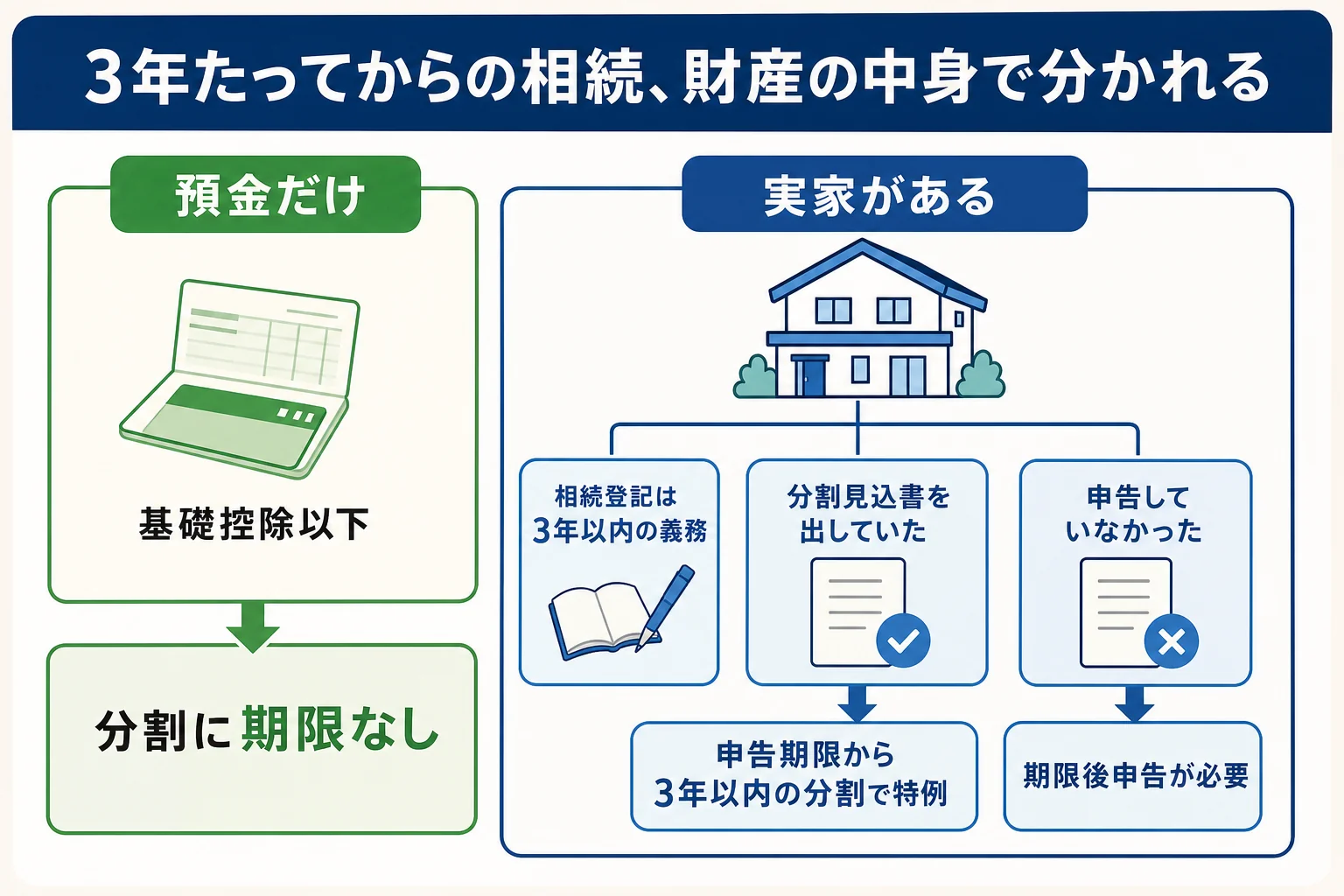 財産の中身ごとに、3年たってからの遺産分割で注意する期限が分かれることを示したケース別の分岐表