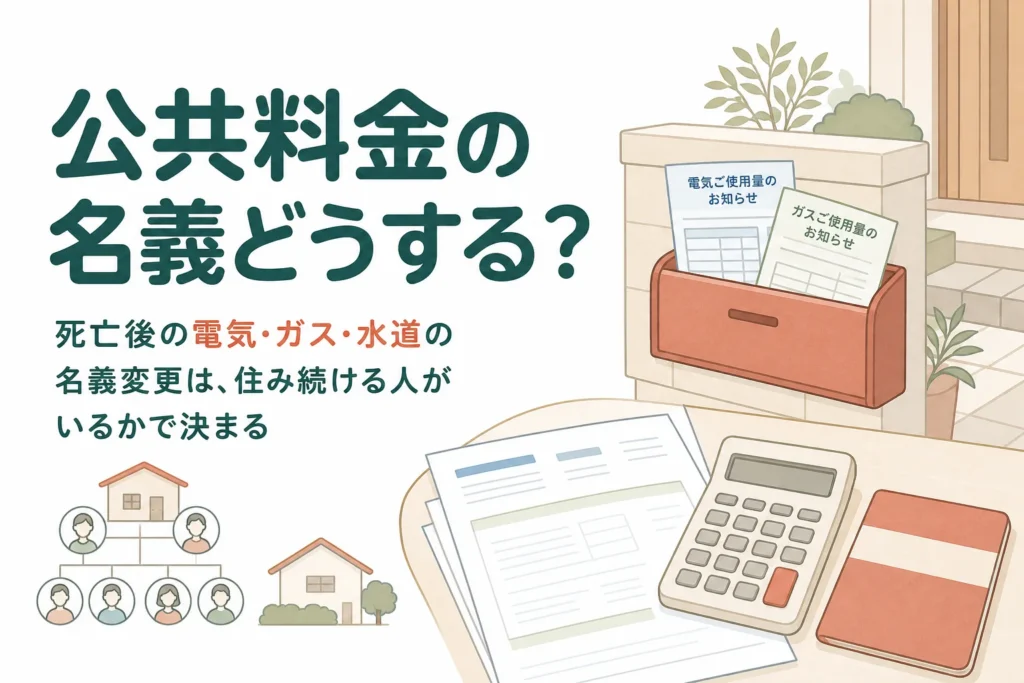 親が亡くなった後の電気・ガス・水道の名義変更と解約の考え方を解説する記事のアイキャッチ