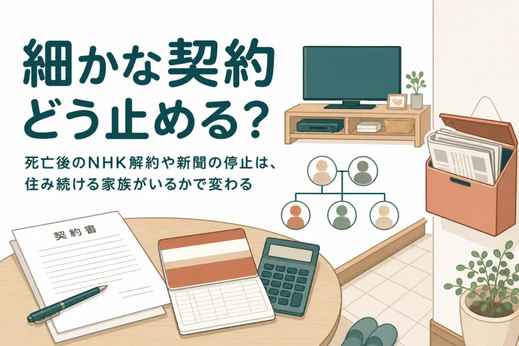 親が亡くなった後のNHKや新聞など細かな契約の解約と名義変更を解説する記事のアイキャッチ