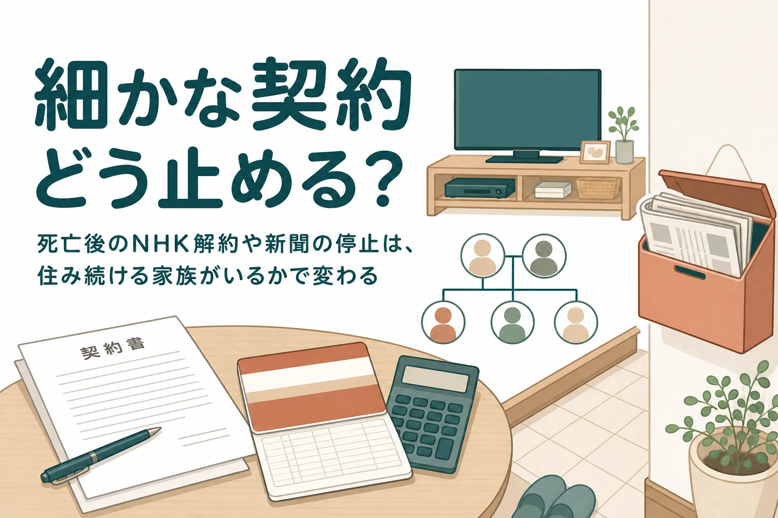 親が亡くなった後のNHKや新聞など細かな契約の解約と名義変更を解説する記事のアイキャッチ