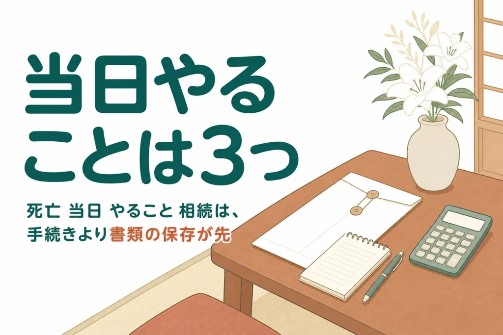 家族が亡くなった当日にやることと、まだやらなくていい相続のことを解説する記事のアイキャッチ