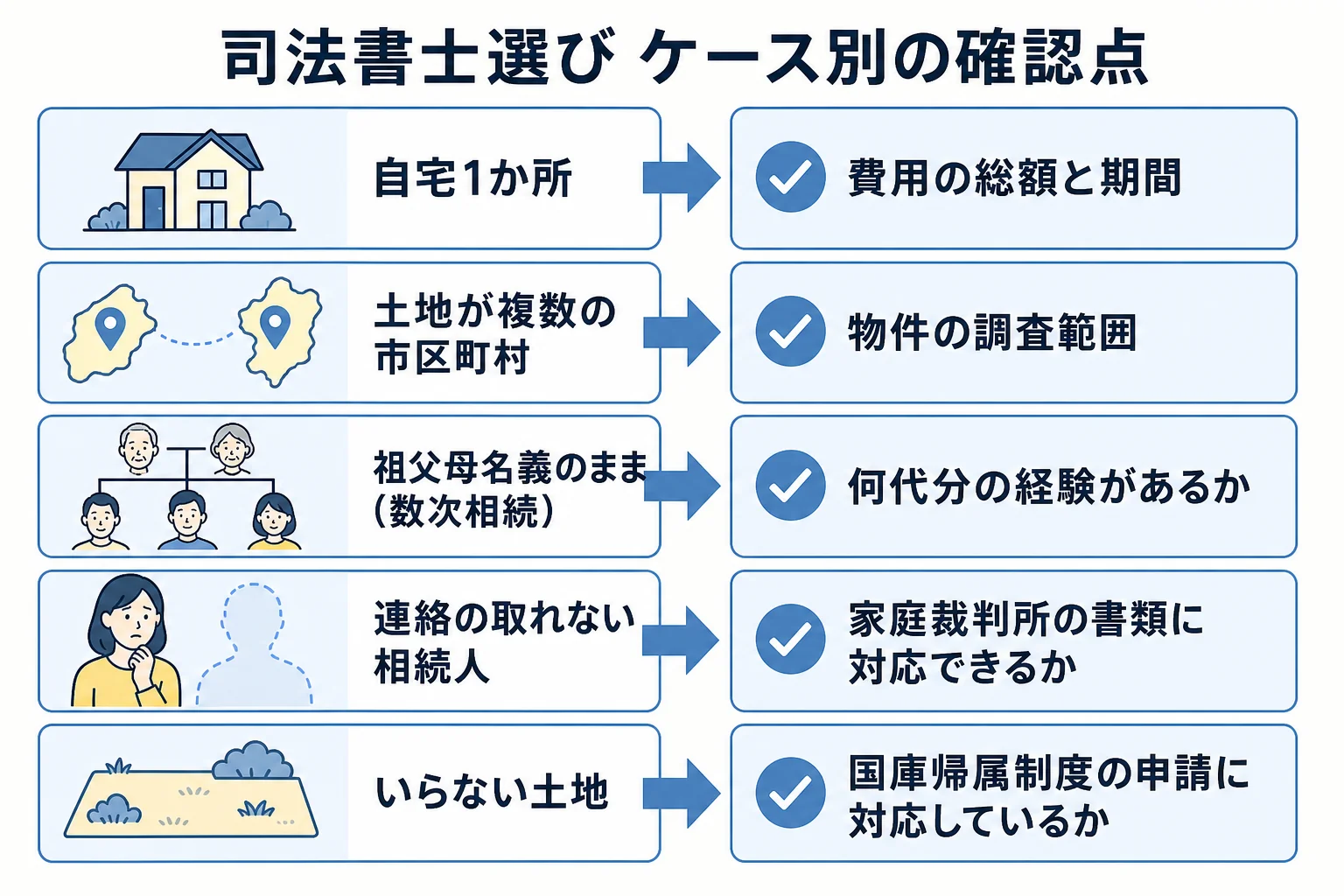 相続のケースごとに、司法書士に確認したい点が自宅1か所・土地が複数・数次相続・連絡不通・いらない土地で分かれるケース別の分岐表