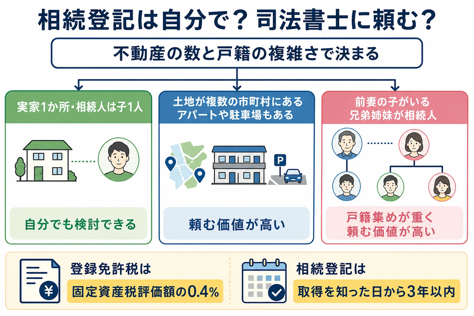 不動産の数・場所と戸籍の複雑さから、自分で登記するか司法書士に頼むかを分けるケース別の分岐表