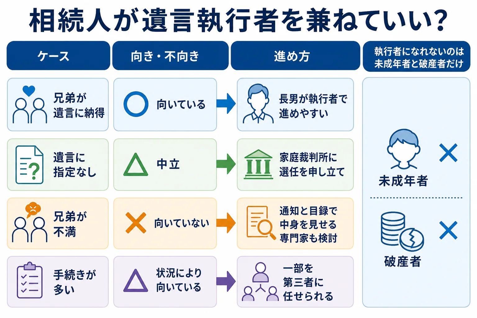 遺言執行者を相続人が兼ねるかを、兄弟が納得・指定なし・兄弟が不満・手続きが多いの4ケースで分け、向き不向きと進め方を並べた分岐表の図