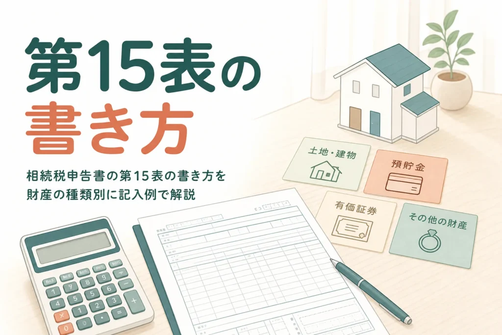 相続税申告書の第15表で財産を種類ごとに合計する書き方を解説する記事のアイキャッチ