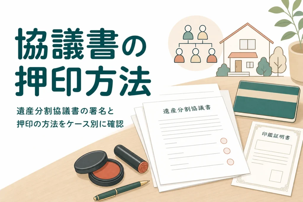 遺産分割協議書の署名と実印の押し方、割印と契印の違いを解説する記事のアイキャッチ