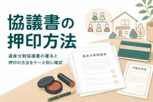 遺産分割協議書の署名と実印の押し方、割印と契印の違いを解説する記事のアイキャッチ