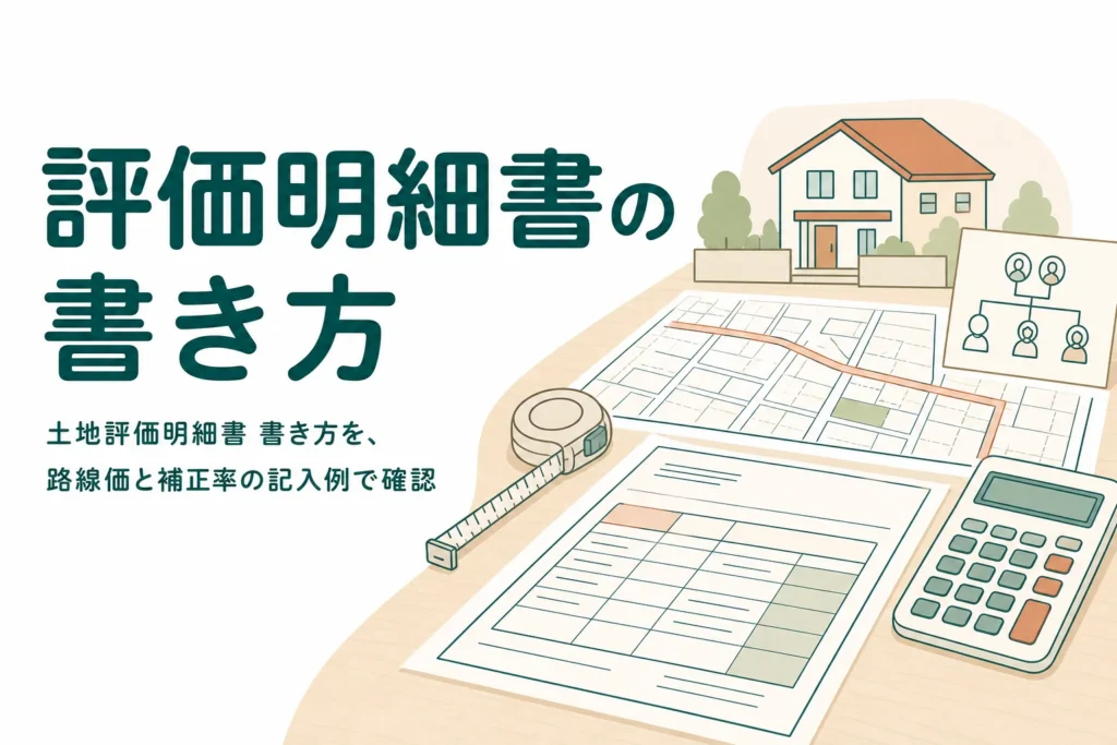 土地評価明細書を路線価から書く時の記入例と補正率の入れ方を解説する記事のアイキャッチ