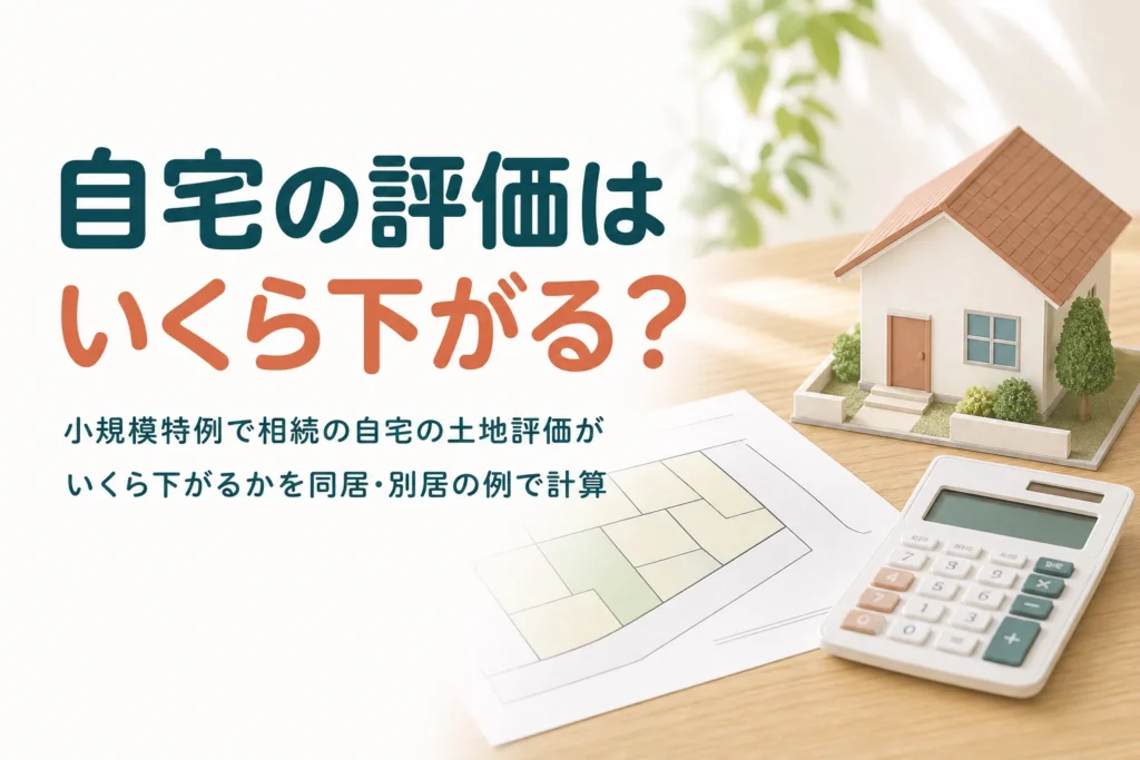 小規模宅地等の特例で自宅の土地の評価がいくら下がるかを同居と別居の例で計算する記事のアイキャッチ